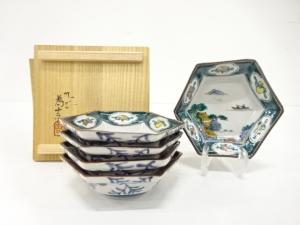 九谷焼　三ツ井為吉造　色絵　山水　六角皿　5客揃